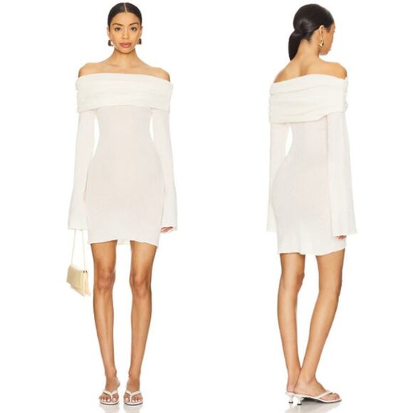 SER.O.YA | NWT Galli Mini Dress in Eggshell Ivory Folded Off Shoulder Knit M - Picture 1 of 12